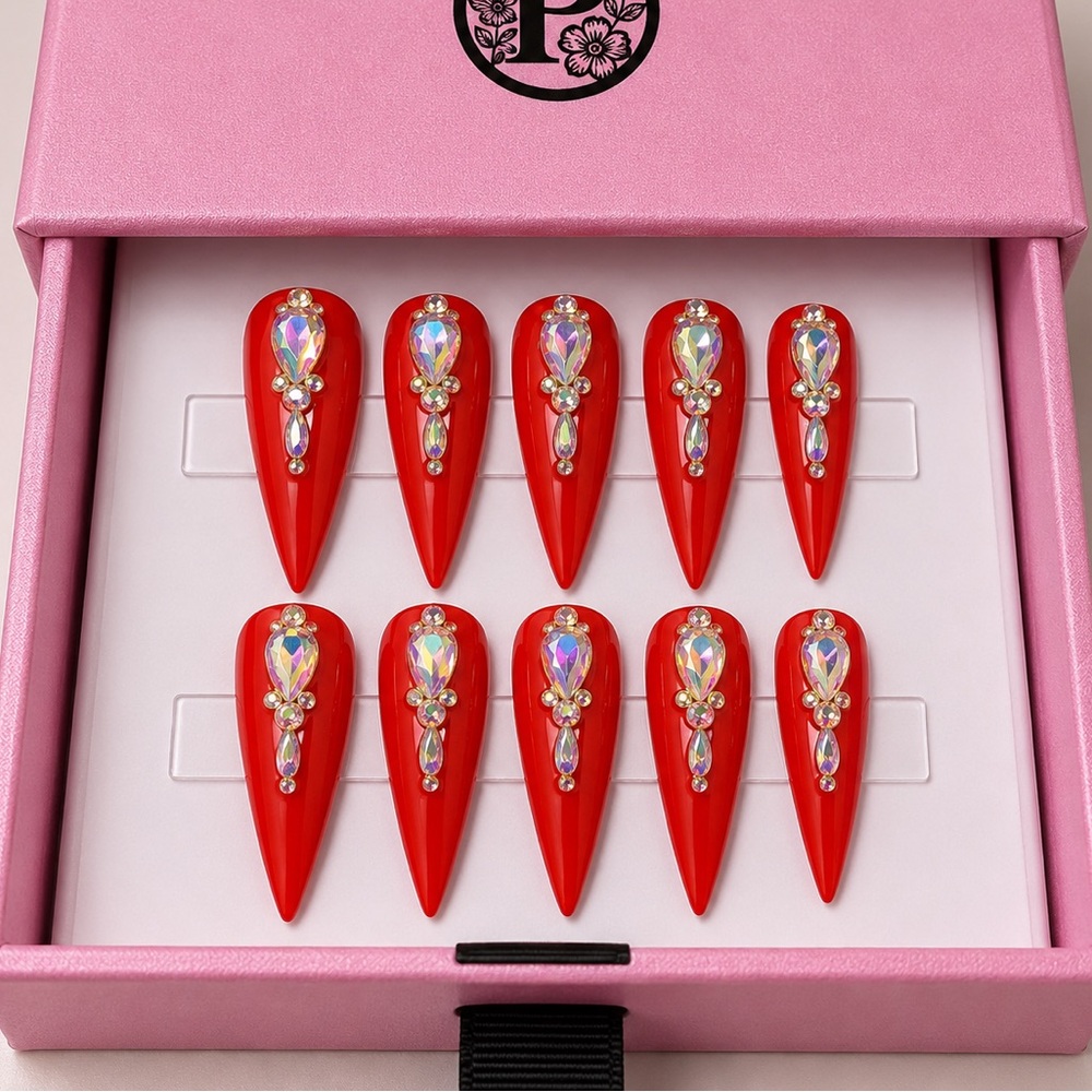 10PC premium luxury Press On Red stiletto Nails with Rhinestone